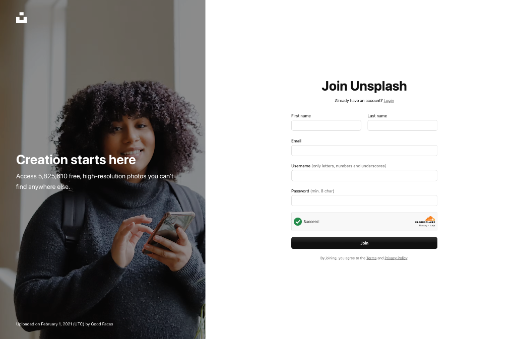 Join Unsplash 注册表单