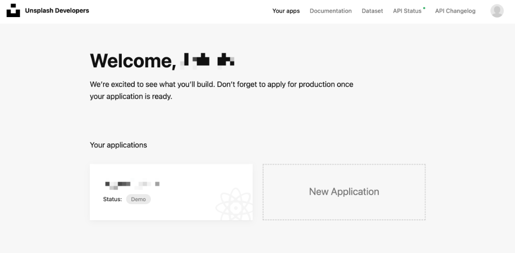 Unsplash 开发者应用管理页面与 New Application 按钮