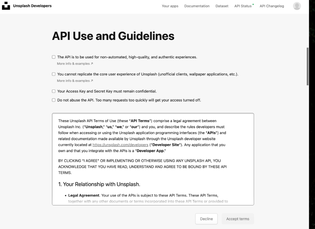 API Use and Guidelines 勾选条款弹窗