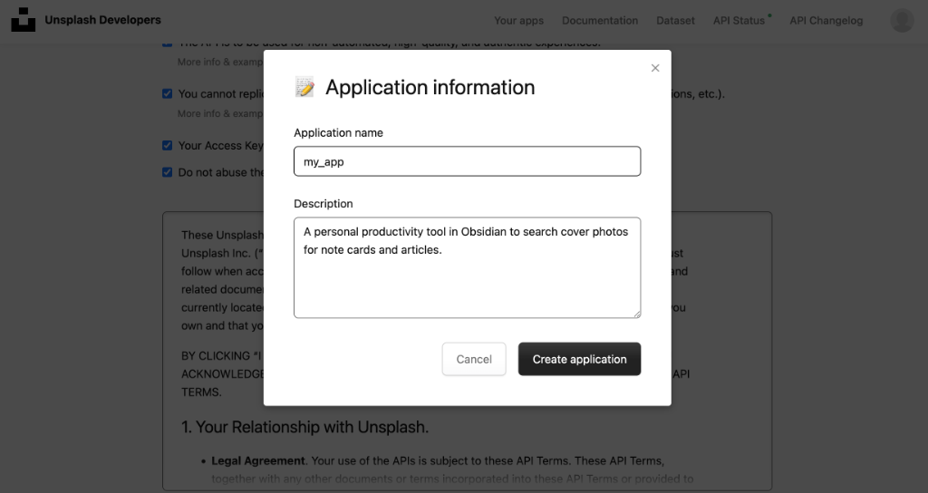 Application information 填写表单与 Create application 按钮