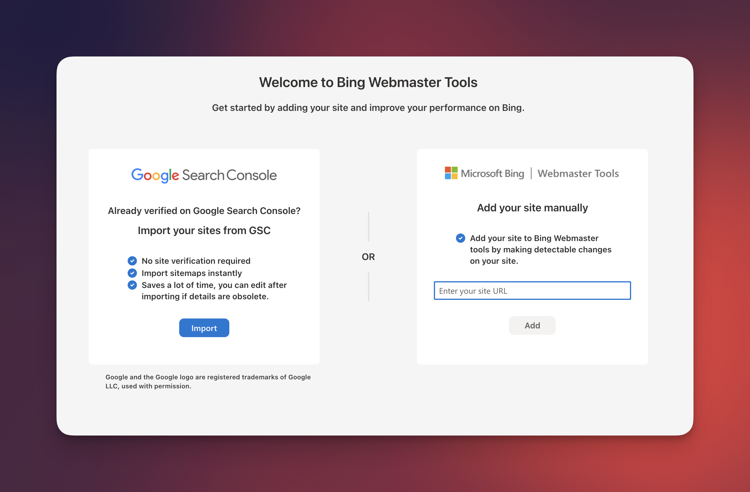 Bing Webmaster Tools 欢迎页，支持从 GSC 导入或手动添加
