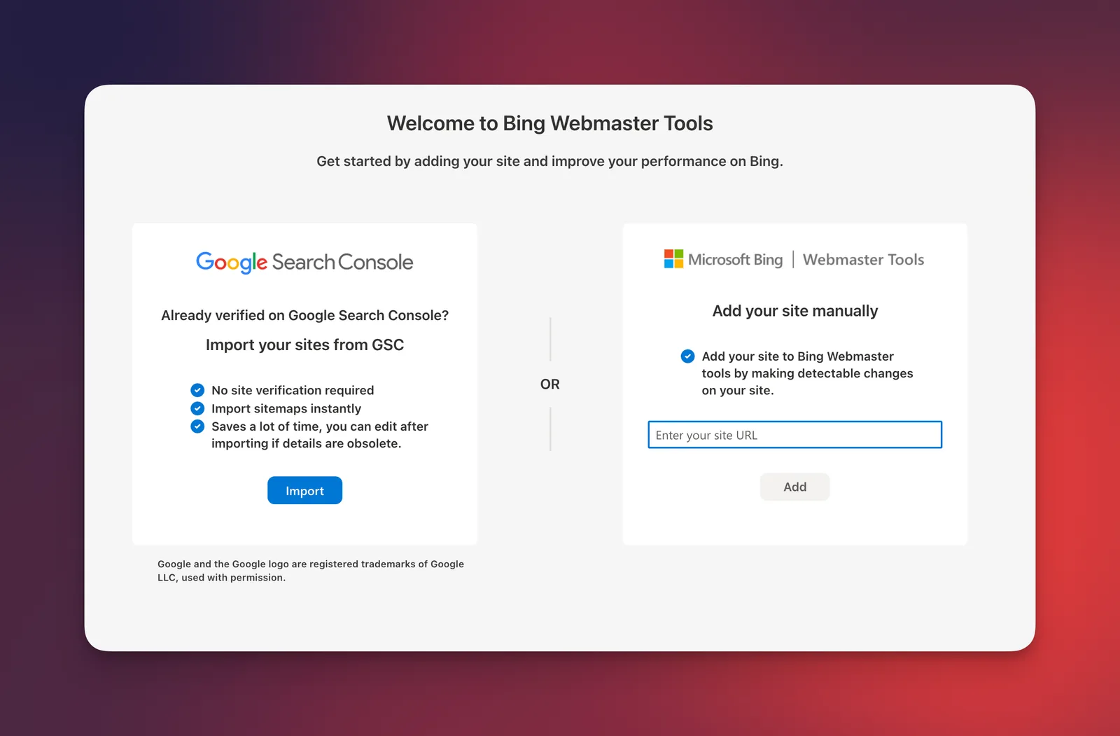 Bing Webmaster Tools 欢迎页，支持从 GSC 导入或手动添加